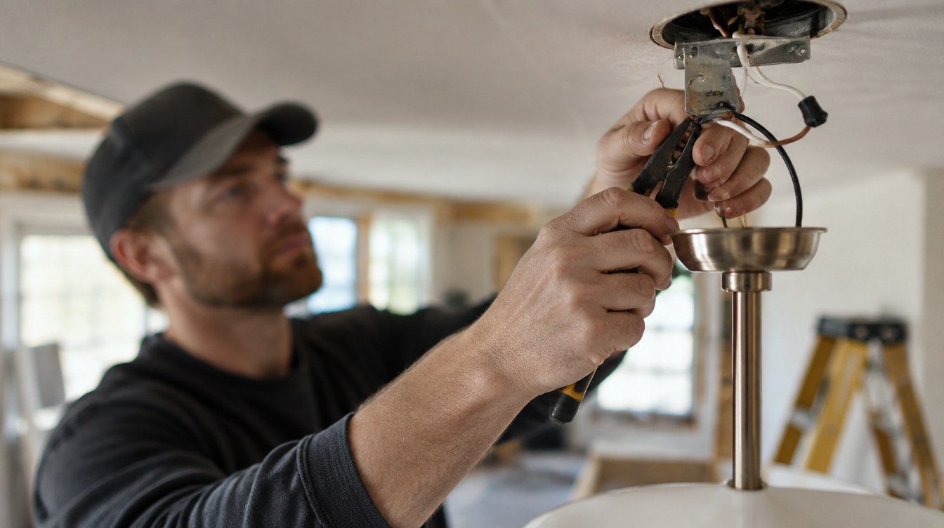 Illustrative photograph of an electrician at work