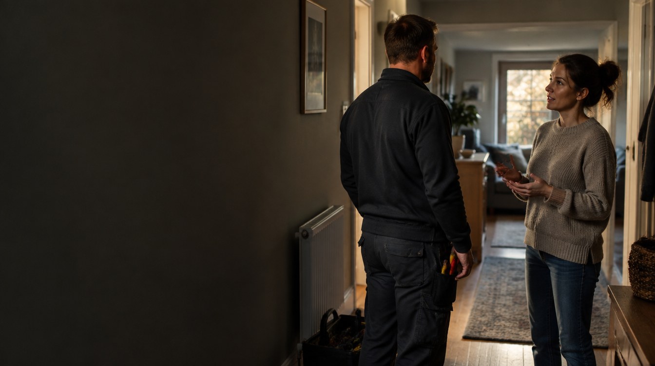 Illustrative photograph of a tradesperson and homeowner
